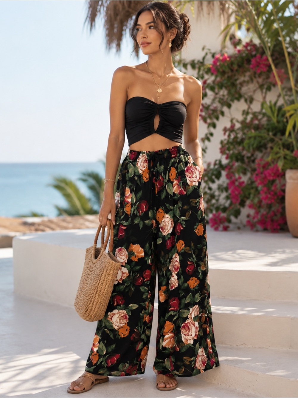 Nicole Miller Floral Palazzo Pants Black Rose Print Pull On Petite L